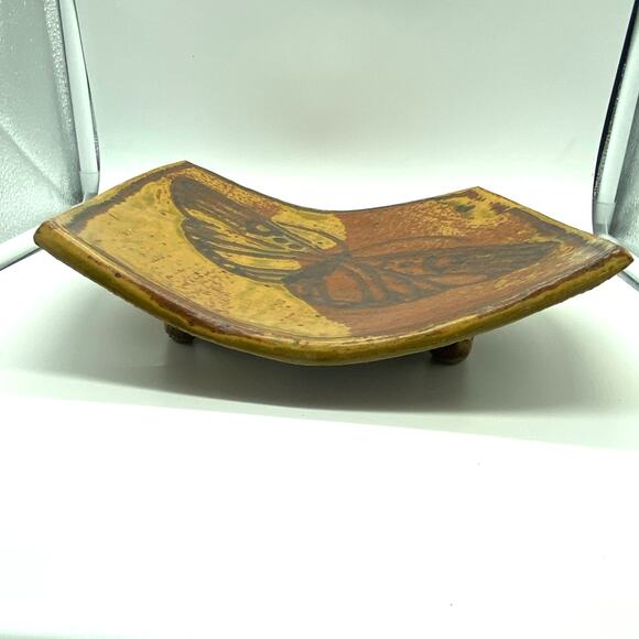 Vintage Butterfly signed Studio Pottery Gold Burnt orange footed dish signed - Picture 5 of 10